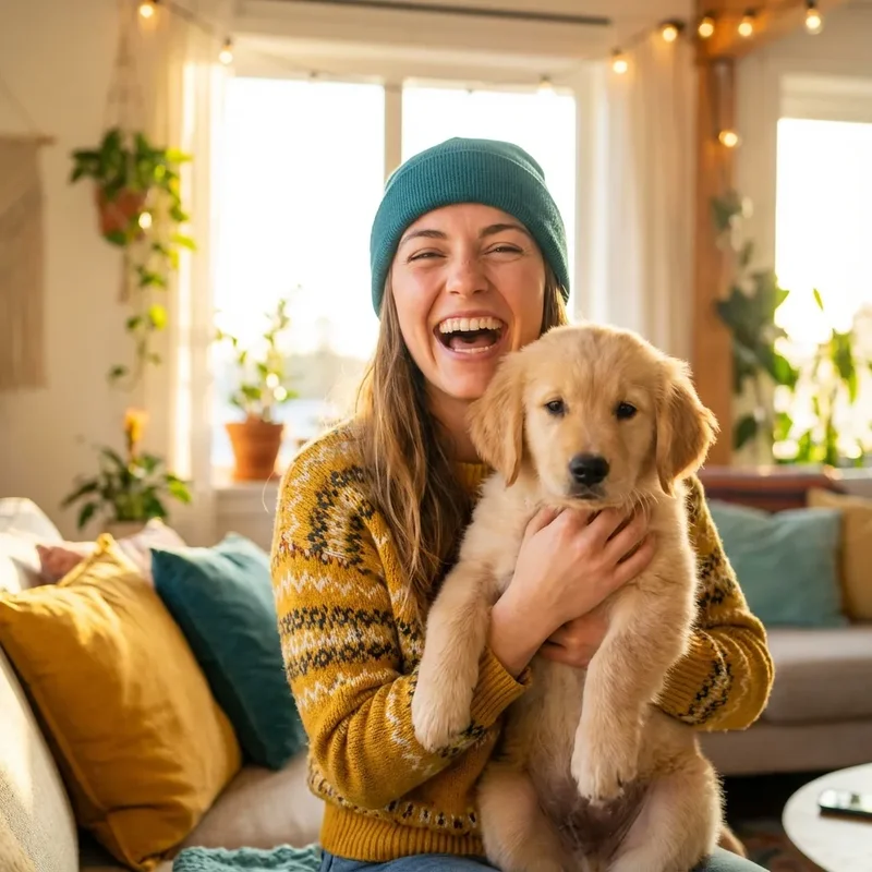 Dueña feliz con cachorro